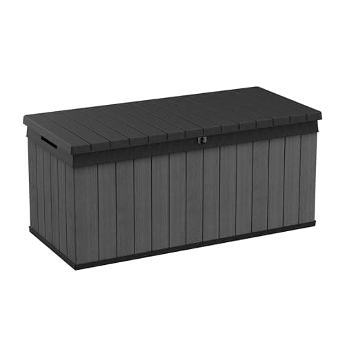 Image of Keter Darwin 454L Outdoor Storage Box – Grey | Lockable Weatherproof Garden Deck Box & Bench | Evotech™ Wood-Effect Composite | Hydraulic Lid | Seats 2 Adults | Durable, Maintenance-Free Construction