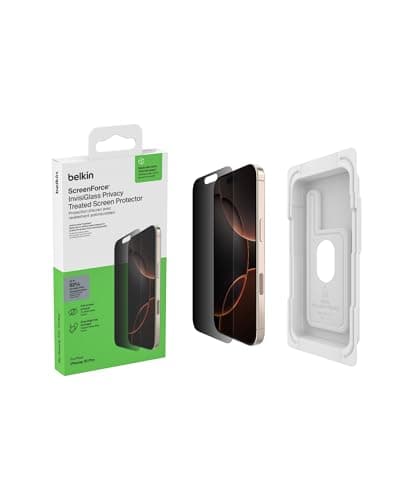 Image of Belkin ScreenForce InvisiGlass Privacy Screen Protector for iPhone17 + iPhone 16 Pro, Scratch-Resistant Impact Protection with Included Easy Align Tray for Bubble Free Application, Recycled Glass
