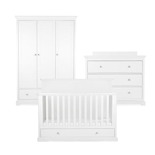 Image of CuddleCo Beaumont Nursery Furniture Set in White - Convertible Baby Cot Bed with Under-Bed Storage, Wide Dresser Changer & Triple Wardrobe With Soft-Close Runners & Chrome Handles (Grand, 3pc)