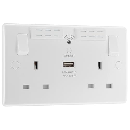 Image of BG Electrical Double Switched Power Wall Plug Socket with Type A USB and Wi-Fi Extender, Round Edge, Nexus 800 Series, White Moulded, 13A, 822UWR