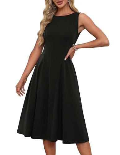Image of Women's Elegant A-Line Slim Fit Cocktail Dress 1950s Vintage Retro Midi Dresses Sleeveless Rockabilly Dresses with Pockets Black M