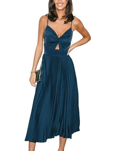 Image of CUPSHE Maxi Dress for Women Satin V Neck Cutout Sleeveless Pleated Front Twist Long Elegant Party A Line Dresses Navy Blue S