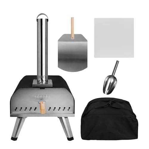 Image of Abode Outdoor 13 Inch Wood Pellet Portable Wood Fired Pizza Oven with Paddle and Cover in Black, BBQ Oven & Smoker, Stainless Steel Foldable Legs AWPPO01BPC