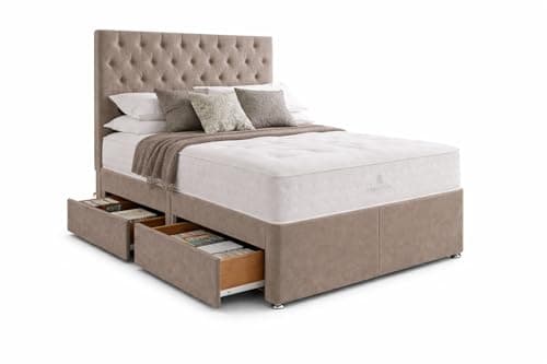 Image of CALISMA Designer Toro Plush Memory Spring Foam Divan Bed Set With Mattress, 2 Drawers (Same Side) and Headboard (Mink Plush Velvet, 5FT Kingsize)