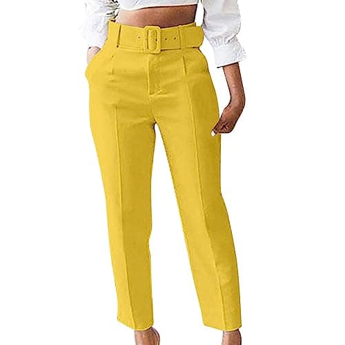 Image of Keepink Work Trousers for Women UK Ladies Office Smart Stretch Suit Pants with Belt Cigarette Straight Leg Tailored High Elasticated Waist Tapered Ankle Grazer Slim