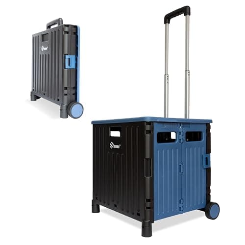 Image of Berry 50L Foldable Shopping Trolley - Blue & Black | 40kg Plastic Cart with Lid | 2 Wheel Portable Utility Trolley with Telescopic Handle for Shopping, Teachers & Laundry