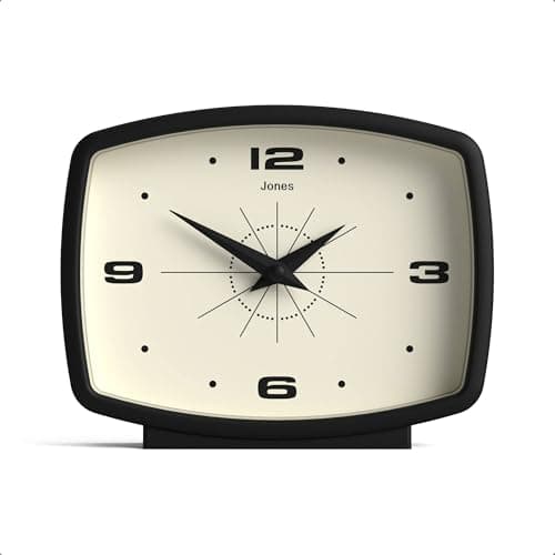 Image of Jones Clocks® Film desk clock | Retro rectangular design | Black | Retro design, blending mid-century style with a punchy modern finish for shelf, table, mantel or bedside