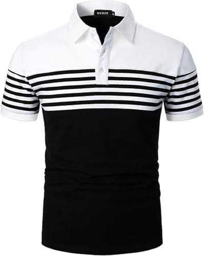 Image of YCUEUST Men's Cotton Striped Short Sleeve Polo Shirt Fashion Casual T-Shirt Top White-Black L