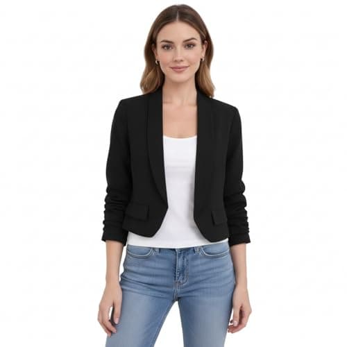 Image of HUBIBUBI Women's Ruched Sleeve Fully Lined Crop Blazer - Stylish Casual Formal Collared Jacket for Office & Party Wear Sizes 8-14 Black