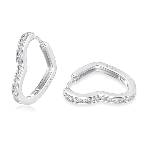 Image of Loutade Silver Hoop Earrings for Women, 925 Sterling Silver Heart Hoop Earrings, Hypoallergenic Sleeper Silver Heart-shape Huggie Earrings, CZ Simple Cartilage Love Heart Earrings for Girls