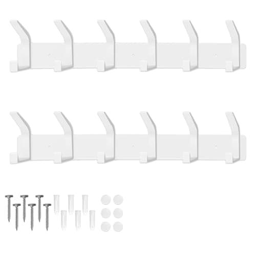 Image of AUXHCYL Coat Hooks Wall Mounted, 2 Packs Coat Hangers Wall Mounted with 6 Hooks, Rust-Proof Racks for Jackets, Bags, Hats and Scarves, Wall Hanger for Bedroom, Bathroom, Kitchen (White)