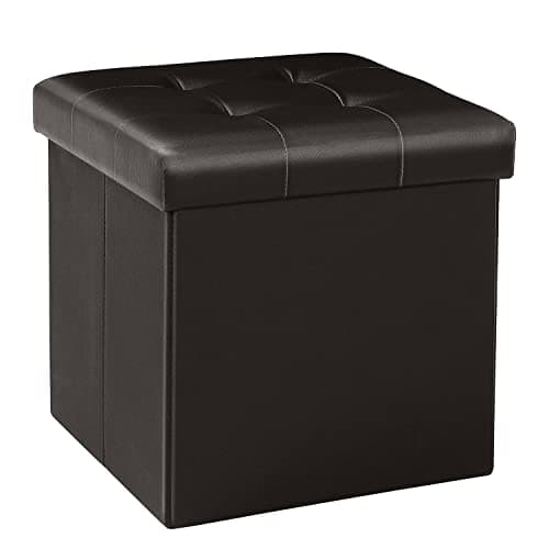 Image of Bonlife Ottoman Storage Box, Folding Small Foot Rest, Stool with Storage, Foostool for Living Room, Bedroom, Faux Leather, Brown, 32x32x32cm