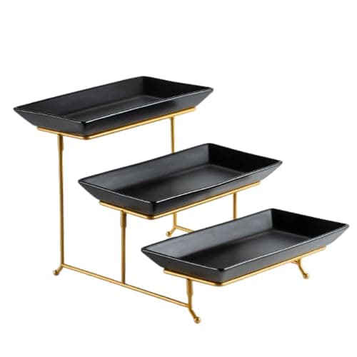 Image of Vencier 3 Tier Serving Platter Set Three Tier Food Dessert & Cake Display Party Food Tray Set (Black/Gold)