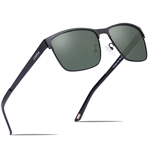Image of CARFIA Polarized Sunglasses Man Metal Square Frame 100% UV400 Protection for Driving, One Size, Black Frame With Grey Lens