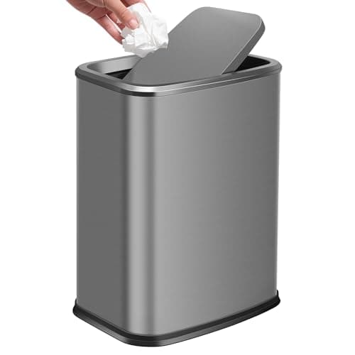 Image of QLHIBLY 15L Bathroom Bin with Swing Lid, Stainless Steel Trash Bin with Inner Bucket, Waste Paper Bin for Bedroom,Living room, Kitchen(Slivery)