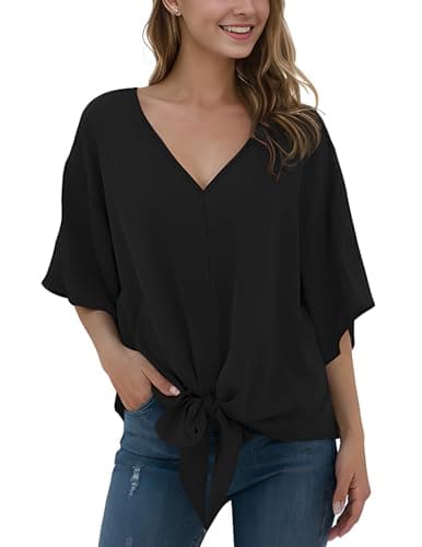 Image of Anelune Ladies'Chiffon Blouses with V-Neck and Front tie Batwing Sleeves Short Sleeves Summer Tops and Shirts Black