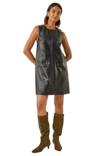 Image of Roman Originals Faux Leather Pocket Detail Dress for Women UK - Ladies Everyday Autumn Winter Round Neckline Comfy Soft Evening Vacation Work Party Night Out - Black - Size 14