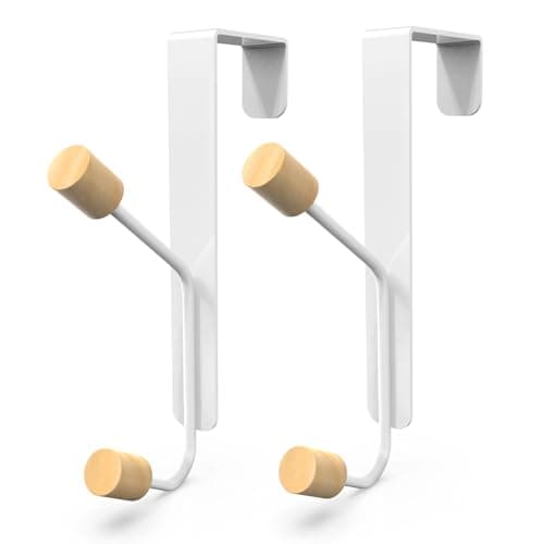 Image of DDhayyp Double Over Door Hook | 2 Packs Heavy Duty Metal Wooden Over Door Hangers | 4.5cm Coat Hooks for Clothes, Towels Behind Door​ (White)