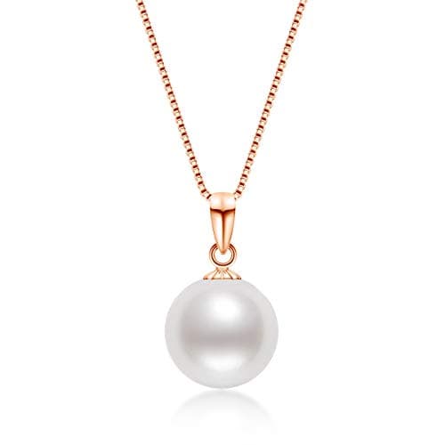 Image of DENGGUANG Gold Pearl Pendant Necklaces 9-10mm Single Freshwater Cultured White Pearl Necklace with 18" Silver Chain Jewellry Gifts for Women Bridesmaid, Rose Gold