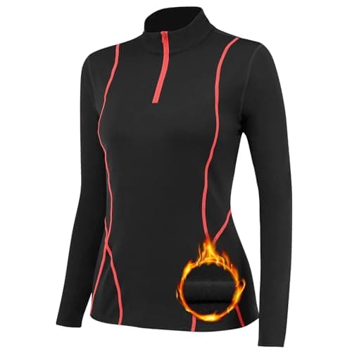 Image of TERODACO Thermal Base Layer Women Warm Wicking Half Zip Ski Thermals with Micro Fleece Long Sleeve Ladies Thermal Tops for Running Hiking Cycling Soft Soft Quick Dry Breathable 02513 Black Red M
