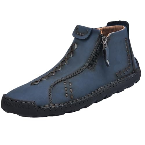 Image of Mens Leather High Top Casual Boots Side Zipper Walking Shoes Non Slip Outdoor Trainers with Arch Support Wide Fit for Hiking Training Outdoor Sports Activities Footwear(Blue, 8)