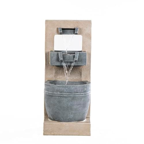 Image of Serenity Cascading Bowl Water Feature with LED Lights Outdoor Garden Fountain Stone Effect Polyresin Self-Contained Pump 70cm Elegant Patio Décor Mains Powered