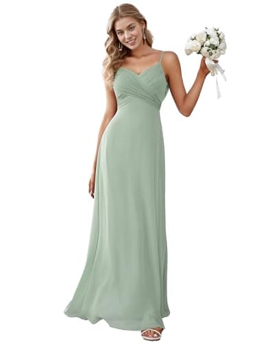 Image of Ever-Pretty Women's Spaghetti Straps V-Neck A-Line Chiffon Empire Waist Backless Maxi Bridesmaid Dress Sage Green 16UK