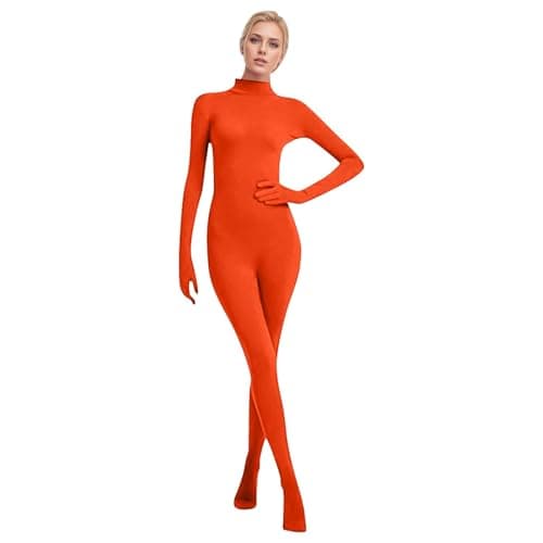Image of Foweknow Full Body Suit Men Women Stretch Cosplay Bodysuit One-Piece Full Body Costume Unisex Plain Jumpsuit Halloween Costume Carnival Suit Fancy Dress Slim Fit Onesie, orange, XS