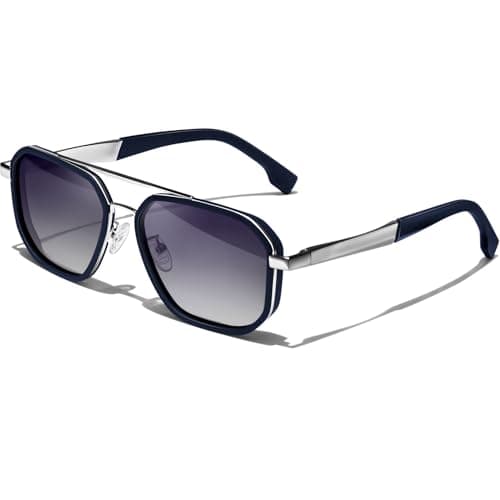 Image of KANASTAL Sliver Sunglasses Gradient Grey Mens Womens Square Polarised Ladies Classic Retro Vintage Wide Metal Driving Fashion UV400 - Silver Frame Gradient Black Lens