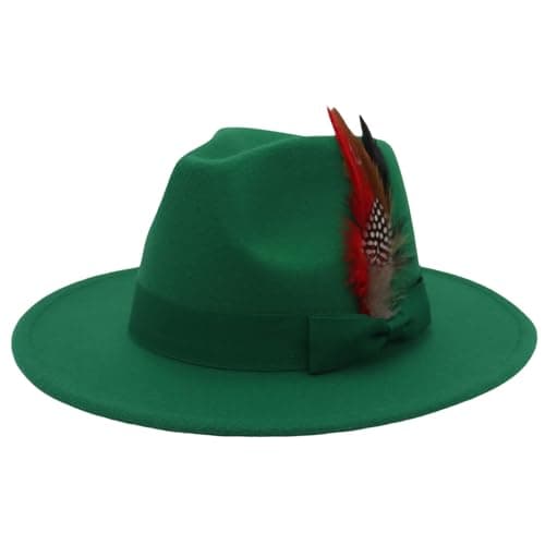 Image of DELIMALI Women Men Retro Fedora Feather Decor Hat Wide Brim Wool Felt Cap Jazz Hat Panama Floppy Elegant Hat Party Wedding (A-Grass Green, ONE Size)