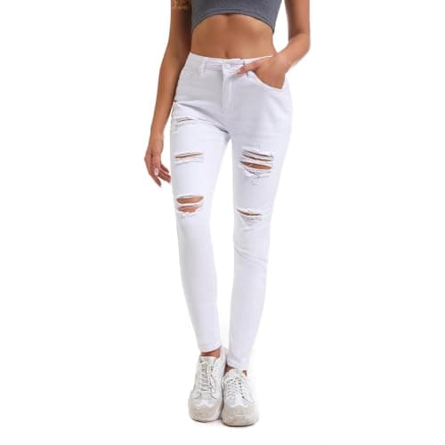 Image of Womens Skinny Jeans Ripped Summer Trousers Stretch Fashion Distressed Pants Jeggings High Waist Butt Lifting Ladies Comfort Bodycon Jean Slim Fit Casual Denim Leggings with Hole for Women (White, M)