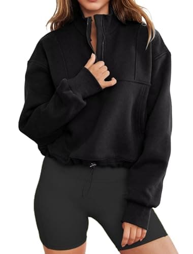 Image of LACOZY Oversized Half Zip Sweatshirt Women Plain Casual Loose Fit Long Sleeve Tops Pullover Sweatshirts with Pockets Black S