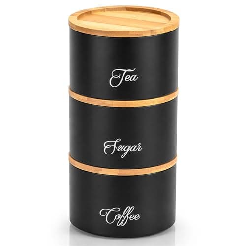 Image of Innoteck Stackable Tea Coffee Sugar Canister Set, 3-Piece Black Kitchen Storage Containers with Airtight Bamboo Lids, Food Storage Jars for Countertop Organisation