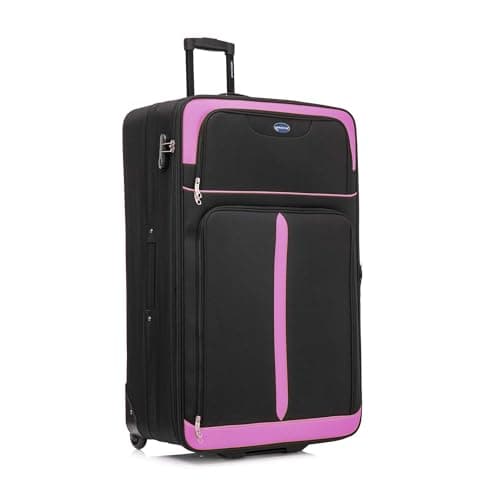 Image of Aerostar Extra Large 32” Lightweight Softshell Expandable Suitcase, Check in Luggage 2 Corner Wheels with Integrated Combination Lock (Black/Pink, 129 litres)