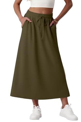 Image of GRECERELLE Women's Skirts with Pockets Elasticated Waist Midi Skirt A-Line Summer Casual Maxi Skirt Long Skirts for Women UK (Army Green, L)