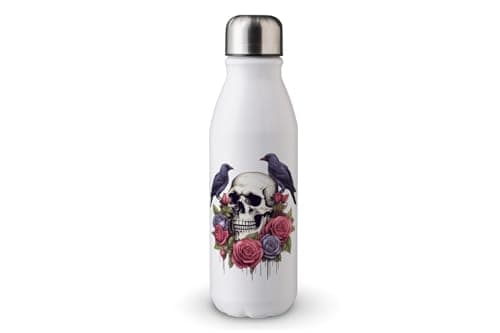 Image of MAXIKIWI - Single Wall Water Drinking Bottle with Screw Cap, Non Insulated Lightweight Aluminium, BPA Free, Leak-Proof - Raven On Rose Skull - 500ml