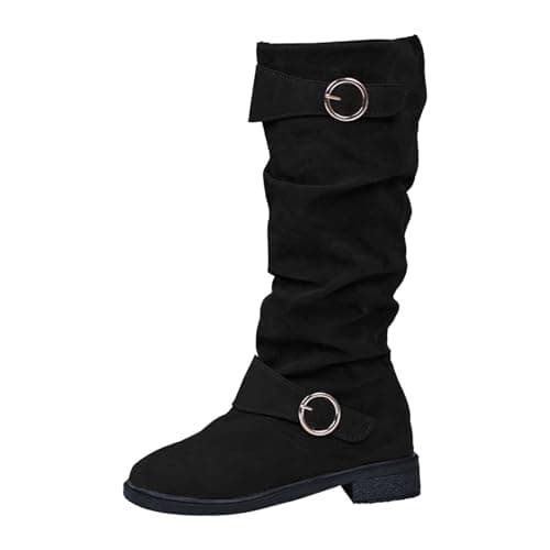 Image of Generisch Riding Boots Winter Fashion Solid Color Knee High Boots Suede Buckle Elegant Comfortable Calf Length Casual Winter Shoes, black, 5 UK