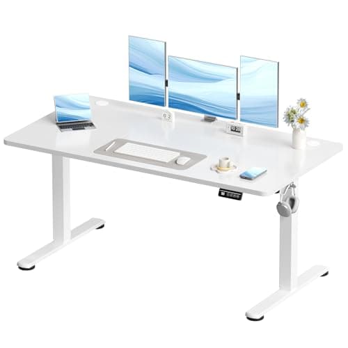 Image of Devoko Electric Standing Desk 150x60cm Sit Stand Table Height Adjustable Desk with Backpack Hook and Memory Smart Pannel, Home Office Desk with Splice Board, White