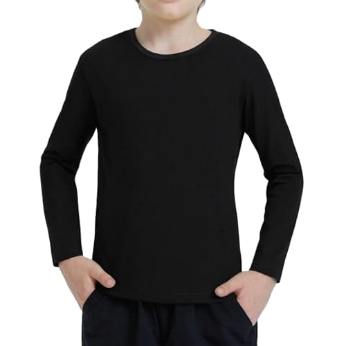 Image of Ewbob Kids Cotton Plain Long Sleeve T Shirt Lightweight T-Shirt Boys Girls Breathable Tee Tops for Children Classic Casual Unisex Shirts for Age 3-14 Years(C21-Black-7-8Y)