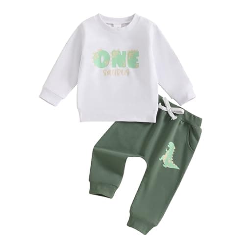 Image of MAHUAOYIXI 2Pcs Baby Boy 1st Birthday Outfit Dinosaur Print Sweatshirts Top with Elastic Waist Sweatpants Tracksuit Set for Toddler Baby Boys (White, 12-18 Months)