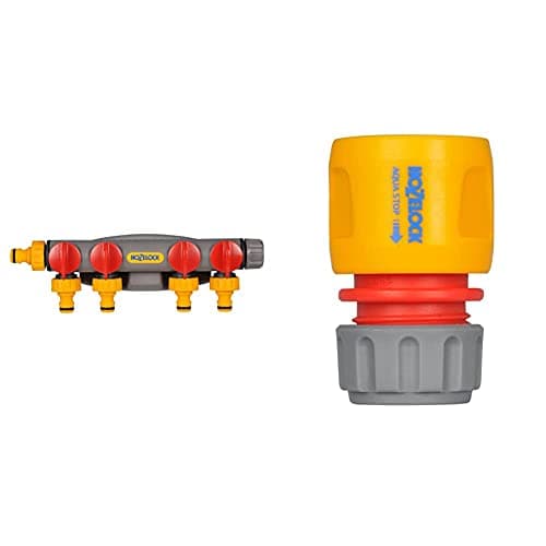 Image of Hozelock 2150A0000 4-Way Tap Connector, Grey, Orange, Red, 15.0 cm*40.0 cm*25.0 cm & Hozelock 2185P9000 AquaStop Connector (12.5mm & 15mm), Grey, Orange, Red