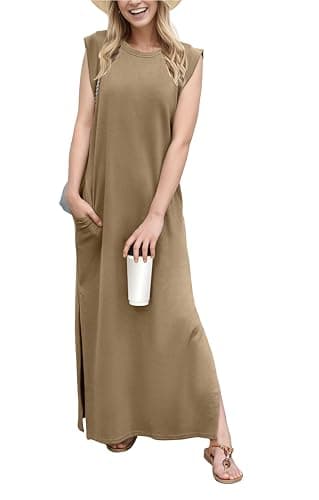 Image of GRECERELLE Summer Maxi Dress Wedding Guest Maternity Party Casual Shirt Elegant Sleeveless Dresses for Ladies with Split and Pockets (Brown,XXL)