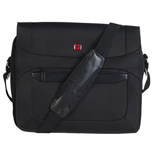 Image of Wenger W73012292 Business Messenger Bag with Shoulder Strap, Padded Laptop Tablet Computer Pocket, Suitcase Handle Slot, Great for Transporting From Home to Office, Extra Pockets, 16 inches, Black