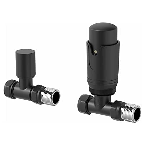 Image of DuraTherm® Thermostatic Radiator Valve Pack Set, 15mm Lockshield TRV & Thermostat, Matte Black Valves for Radiators, Straight