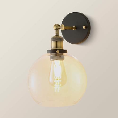 Image of MiniSun | Industrial Steampunk Style Black and Gold Wall Light Fitting with an Amber Tinted Clear Glass Globe Shade | Wall Lamps & Sconces, Home Décor & Improvement Essential | Mains Wired