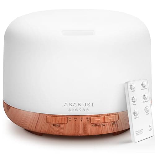 Image of ASAKUKI 500ml Essential Oil Diffuser, 5 In 1 Ultrasonic Diffuser, Aroma Scented Vaporizer Humidifier, Ｑuiet Diffuser With Timer Settings, Waterless Auto-Off & 7 LED Light Colours