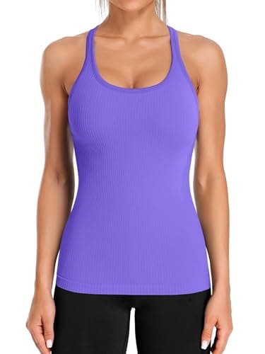 Image of ATTRACO Ribbed Workout Tank Tops for Women with Built in Bra Tight Racerback Scoop Neck Gym Vest Purple M