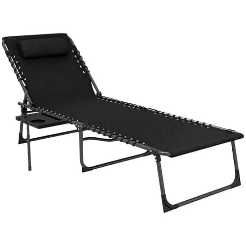 Image of Outsunny Folding Sun Lounger with Cup Holder, 5-Position Adjustable Reclining Garden Lounger, Portable Recliner Sunbed with Side Pocket, Head Pillow for Patio Beach Camping, Black