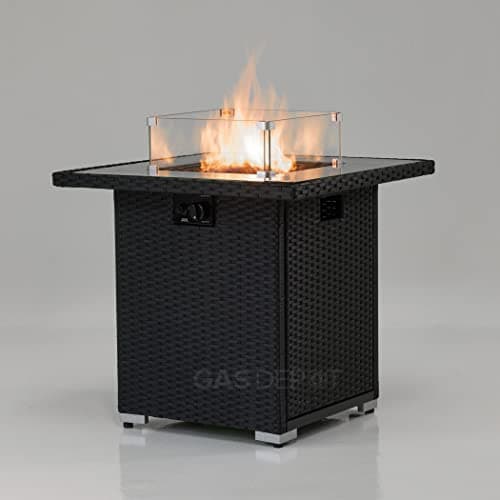 Image of REALGLOW Coreglass Rattan Gas Square Fire Pit - Heat Adjustable 13KW Outdoor Fire Pit - Standing & Table Use - Easy Ignition - 27mm Regulator, Black