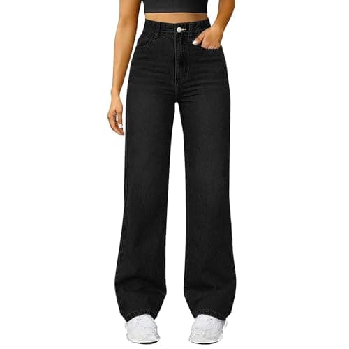 Image of High Waisted Jeans Women Straight Leg Jeans Women High Rise Stretch Denim Trousers Comfy Wide Leg Pull On Baggy Jean with Pockets Fashion Y2K Boyfriend Pants for Outdoor Office Walking Black
